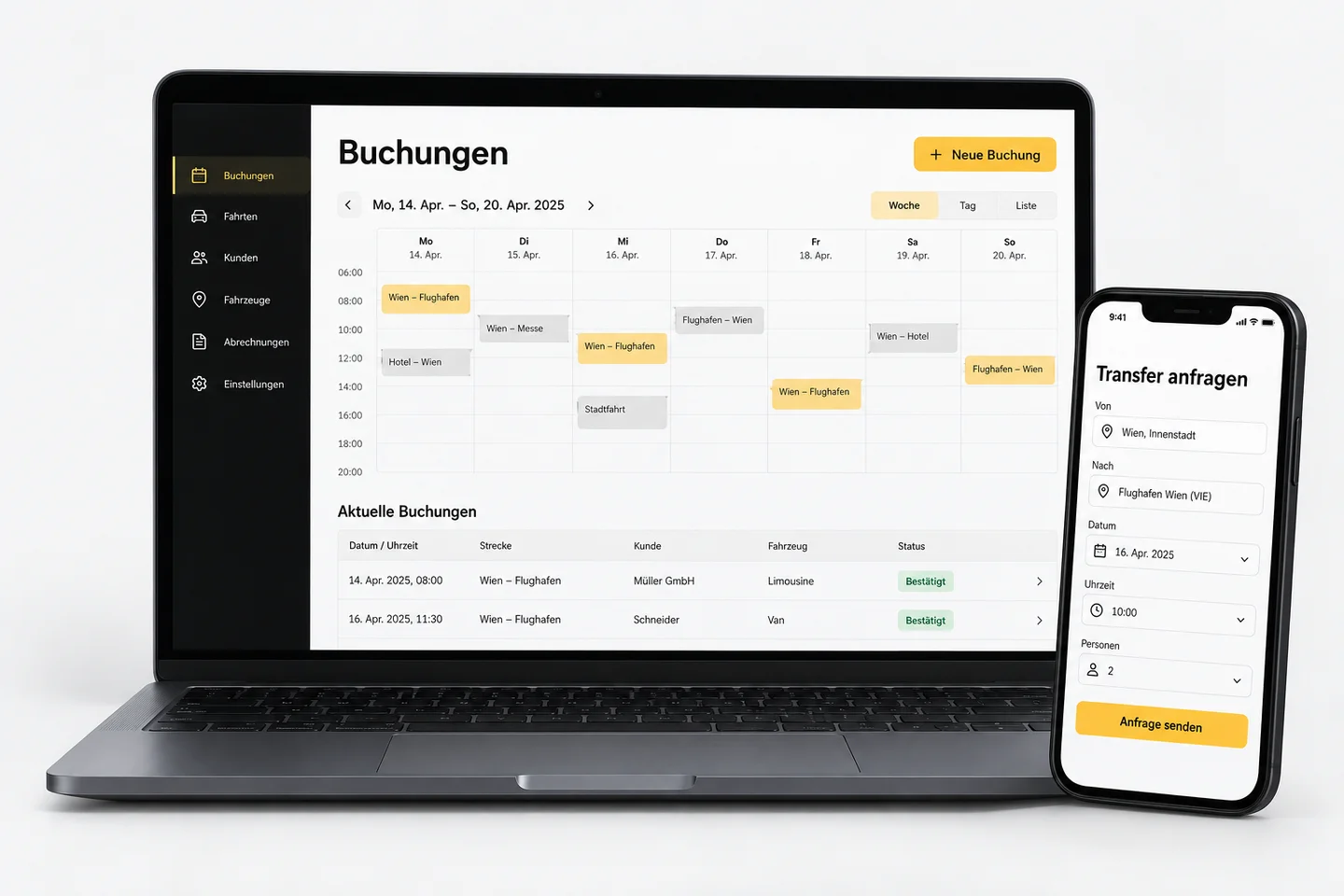 Beispiel einer Buchungsverwaltung auf Laptop und eines Buchungsformulars auf dem Smartphone